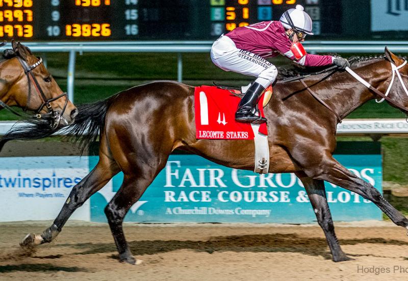 Midnight Bourbon wins the 2021 Lecomte S. at Fair Grounds (Photo by Hodges Photography)