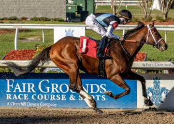 Jockey Jareth Loveberry pilots Built to victory in the Gun Runner Stakes at Fair Grounds. (Photo by Hodges P