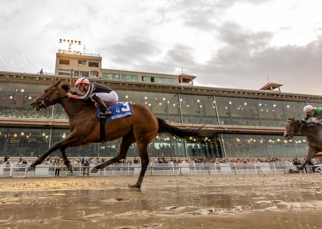 Simply Joking splashed clear in the Silverbulletday S. at Fair Grounds